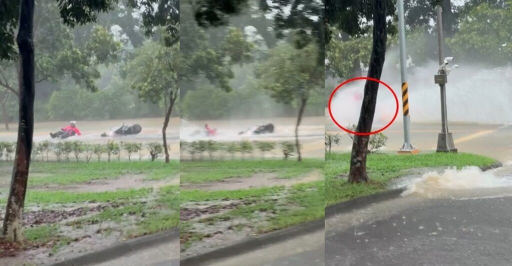 排水孔變噴泉！大雨狂炸急宣布停班課　屏科大騎士「連人帶車遭沖倒」驚險影片曝