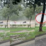 排水孔變噴泉!大雨狂炸急宣布停班課 屏科大騎士「連人帶車遭沖倒」驚險影片曝